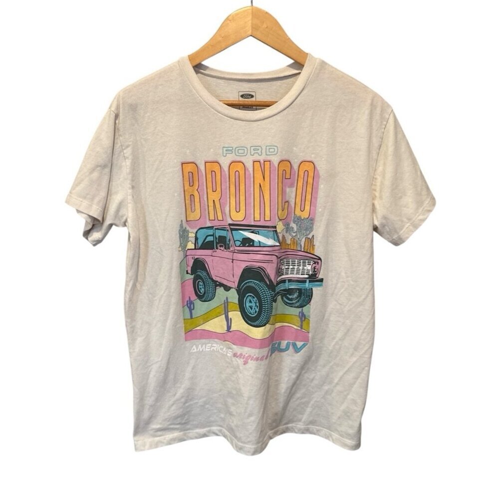 Ford Bronco Graphic Women T-Shirt Size L White Cotton Crew Neck Short Sleeve